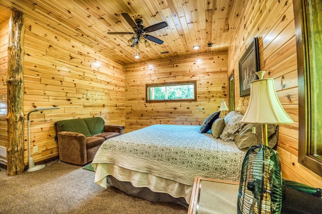 carpeted bedroom with wooden walls, recessed lighting, and wood ceiling