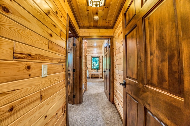 hallway with wooden walls, carpet flooring, and wood ceiling