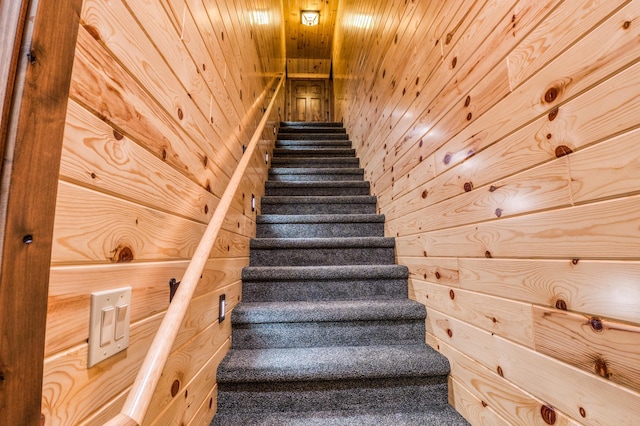 staircase with wooden walls and wooden ceiling