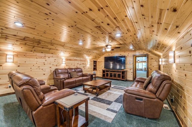 living room with wooden walls, ceiling fan, dark carpet, wood ceiling, and lofted ceiling