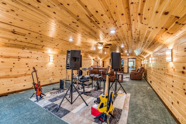 game room with carpet floors, wood ceiling, wood walls, and vaulted ceiling