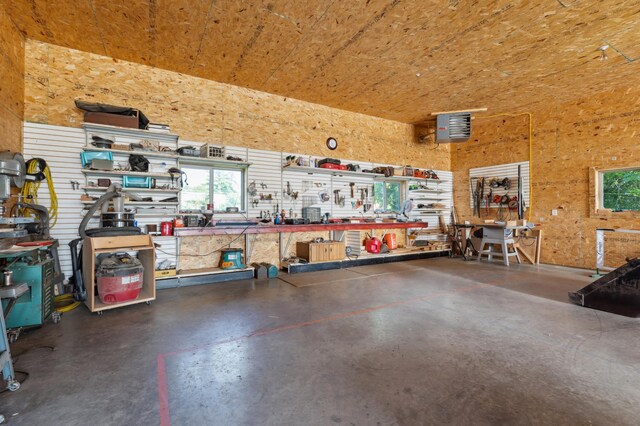 garage with a workshop area