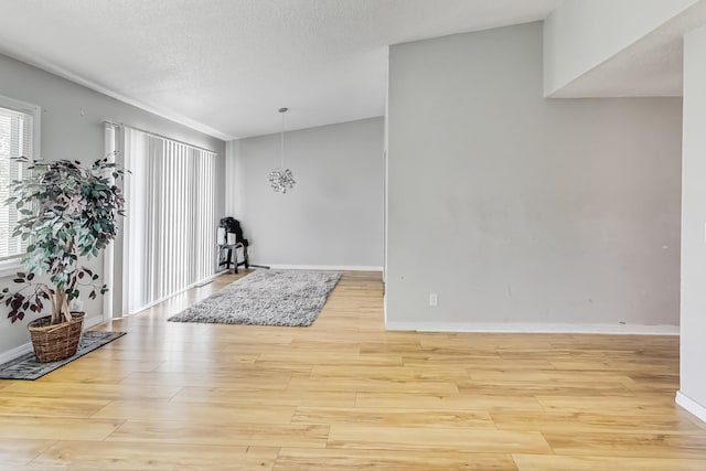 interior space with light hardwood / wood-style flooring, a textured ceiling, and lofted ceiling