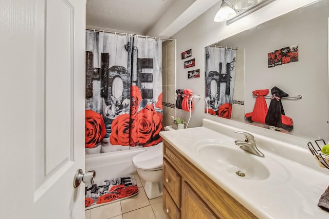 full bathroom with shower / tub combo, a textured ceiling, toilet, tile patterned floors, and vanity