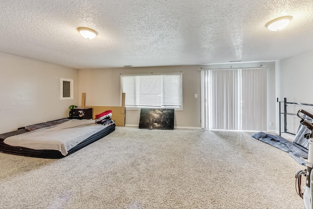 bedroom with carpet flooring and a textured ceiling