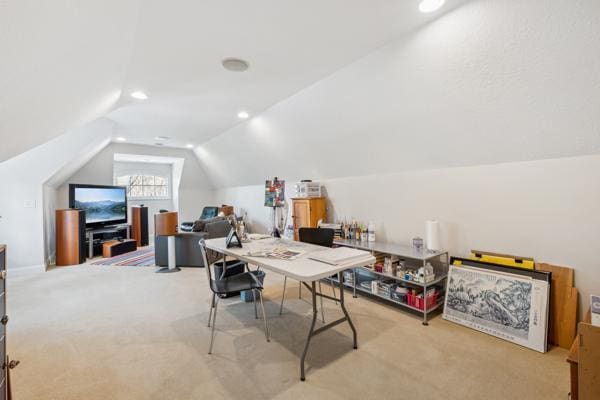 carpeted home office featuring recessed lighting and vaulted ceiling