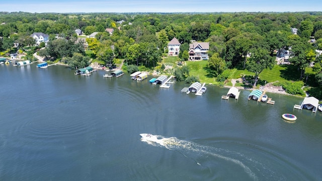 drone / aerial view with a water view and a forest view