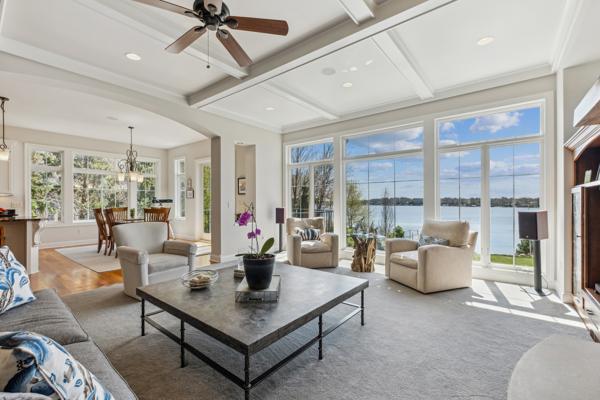 5115 Minneapolis Ave, Minnetrista, MN 55364 - living room featuring a water view, beam ceiling, a chandelier, coffered ceiling, and recessed lighting