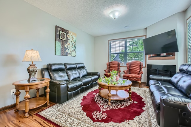 living room featuring hardwood / wood-style flooring and a textured ceiling