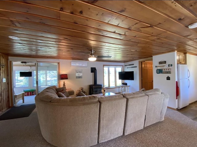 carpeted living room with a wood stove