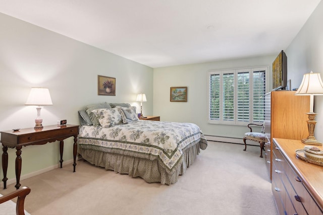 bedroom featuring a baseboard radiator and light carpet