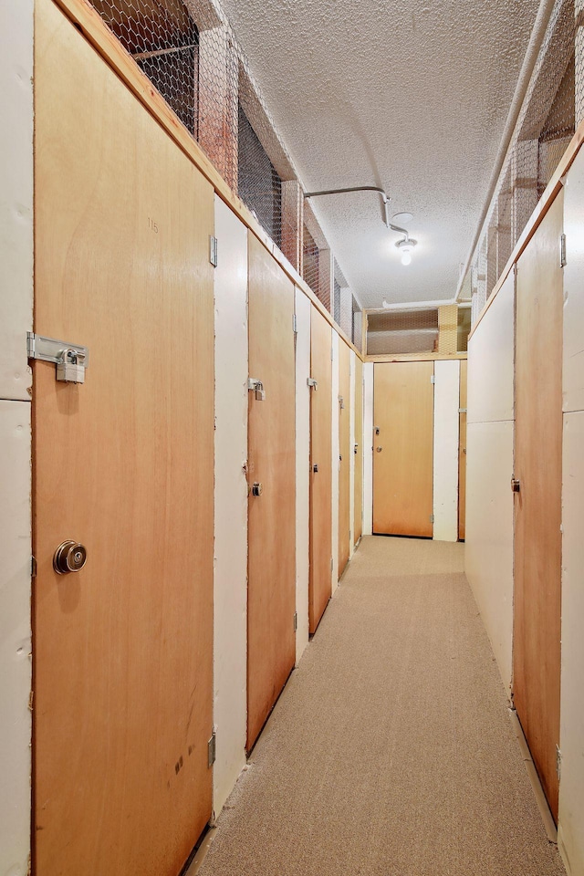 hallway with light carpet and a textured ceiling