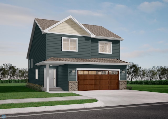 view of front of house featuring a garage and a front lawn