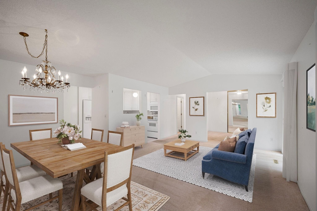 carpeted dining area with lofted ceiling and a chandelier