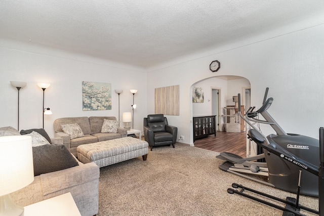 living room with a textured ceiling and dark hardwood / wood-style flooring