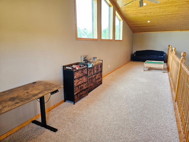 carpeted bedroom featuring vaulted ceiling and wood ceiling