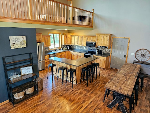 kitchen with backsplash, wood-type flooring, a towering ceiling, sink, and stainless steel appliances