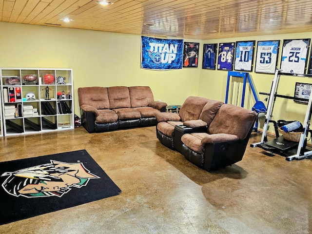 game room with wooden ceiling