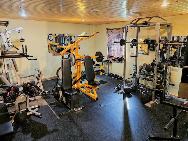 workout area featuring wood ceiling