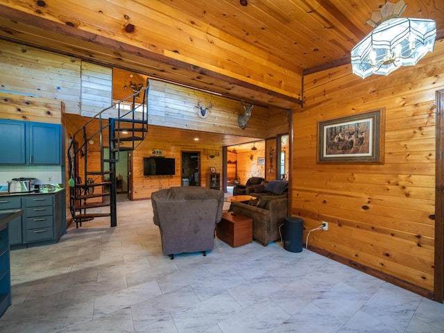 living room with wooden ceiling, light tile patterned floors, and wooden walls