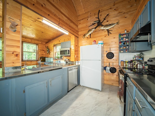 kitchen with appliances with stainless steel finishes, extractor fan, wood ceiling, lofted ceiling, and light tile patterned flooring