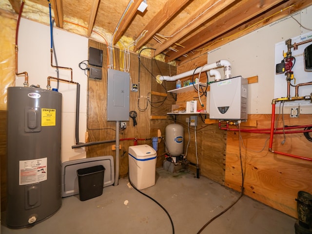 utility room with tankless water heater, electric panel, and water heater