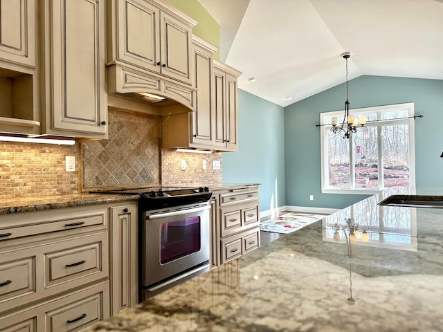1225 Dorothy St, Isle, MN 56342 - kitchen with stainless steel electric stove, cream cabinets, light stone countertops, vaulted ceiling, and backsplash