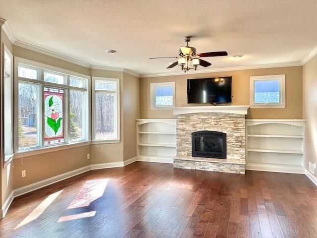 1225 Dorothy St, Isle, MN 56342 - unfurnished living room with hardwood / wood-style floors, a textured ceiling, crown molding, baseboards, and ceiling fan