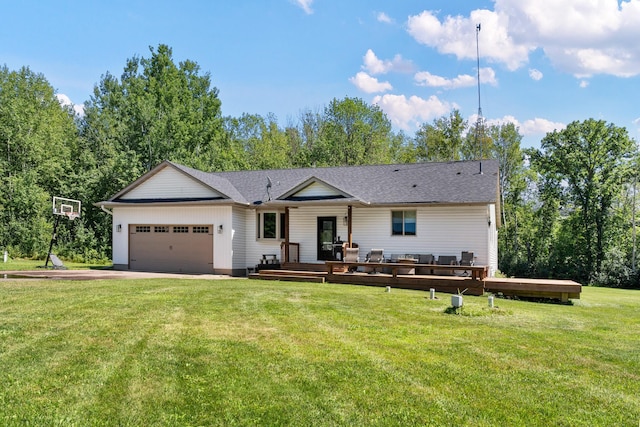 view of front facade with roof with shingles, a wooden deck, an attached garage, driveway, and a front lawn