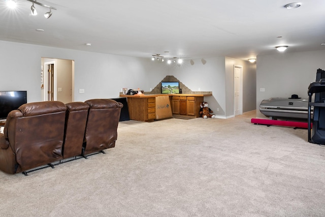 interior space featuring track lighting and light colored carpet