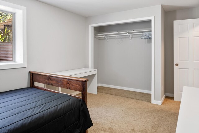 bedroom featuring a closet, baseboards, and carpet