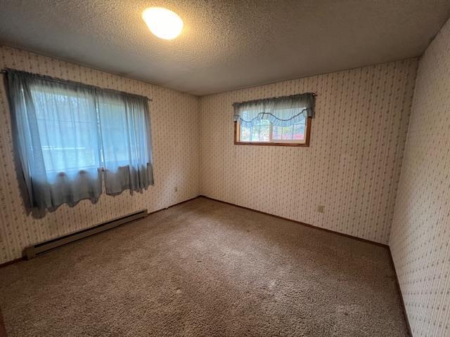 empty room featuring carpet floors, a textured ceiling, and baseboard heating