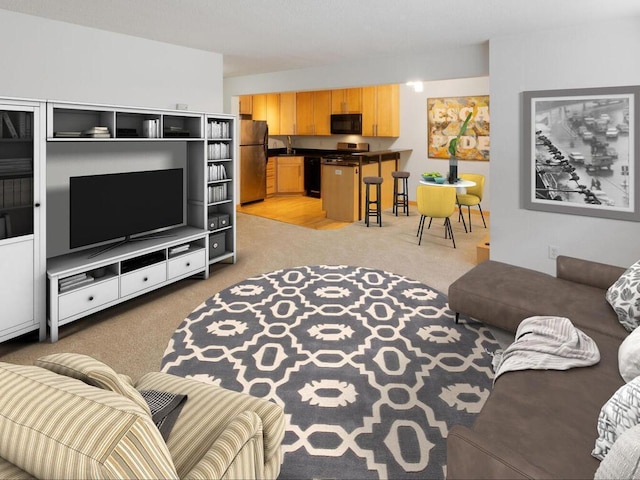 carpeted living room featuring sink