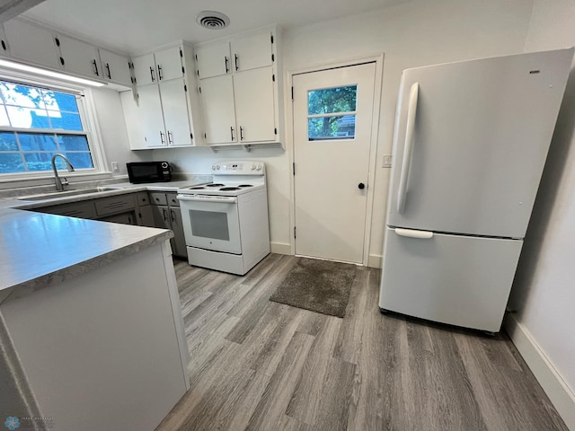 kitchen with light hardwood / wood-style floors, white appliances, white cabinetry, and sink