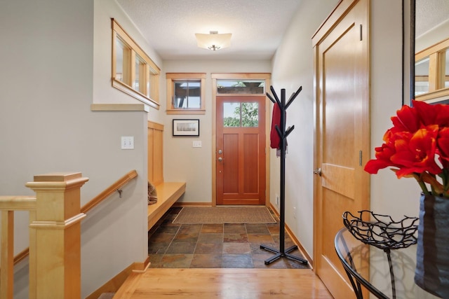 foyer with stone finish floor, a textured ceiling, and baseboards