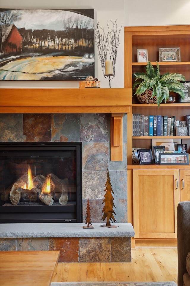 interior details with a lit fireplace