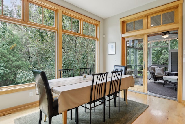 dining area with a wealth of natural light, light wood-type flooring, baseboards, and visible vents