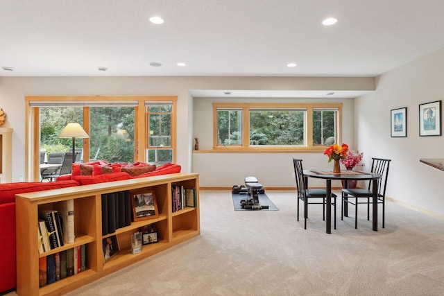 recreation room featuring carpet flooring, recessed lighting, and baseboards