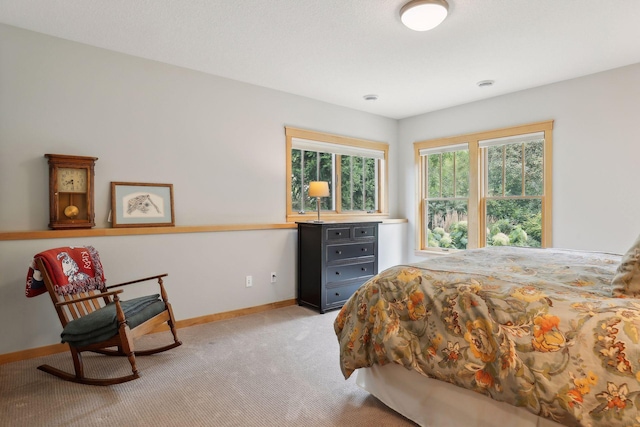 bedroom with baseboards and light carpet