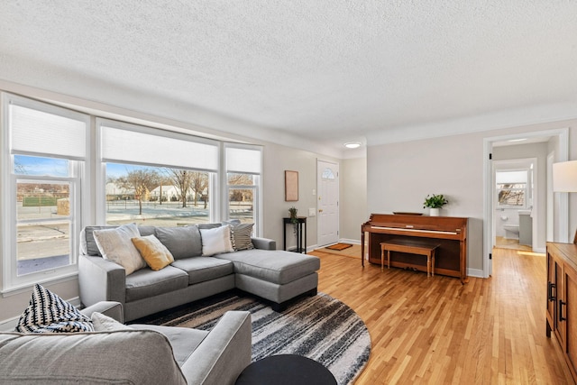 living room featuring light hardwood / wood-style floors and a textured ceiling