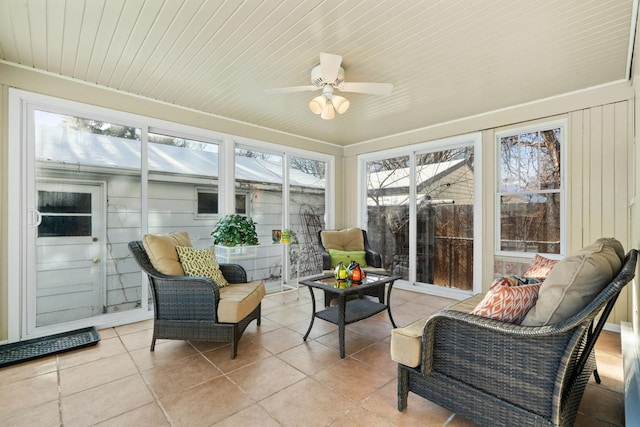 sunroom with ceiling fan and wood ceiling