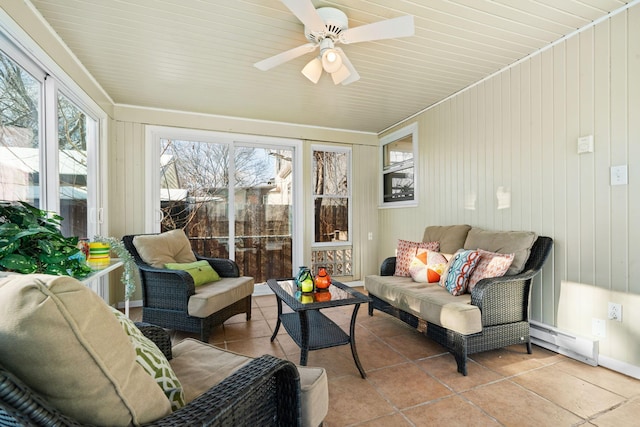 sunroom featuring ceiling fan, a wealth of natural light, and baseboard heating