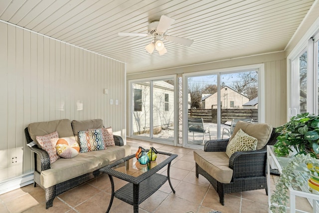 sunroom featuring ceiling fan