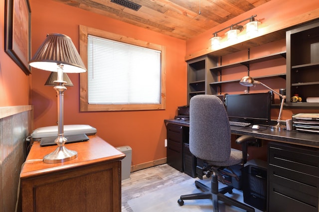 office area with wooden ceiling and light wood-type flooring