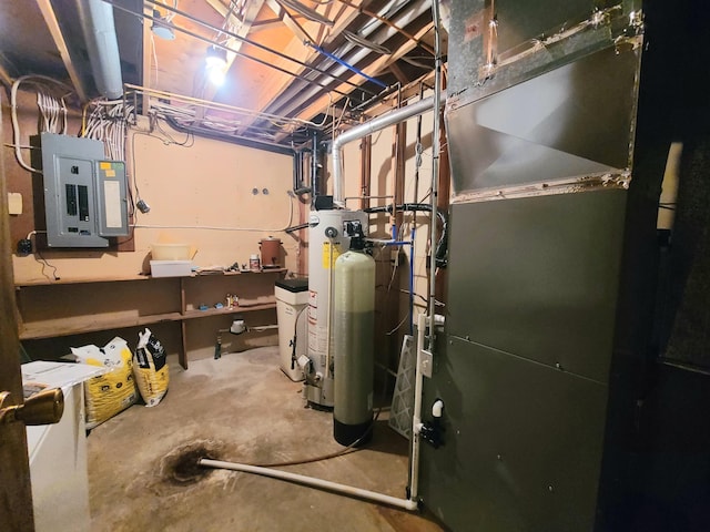 utility room with heating unit, electric panel, and water heater