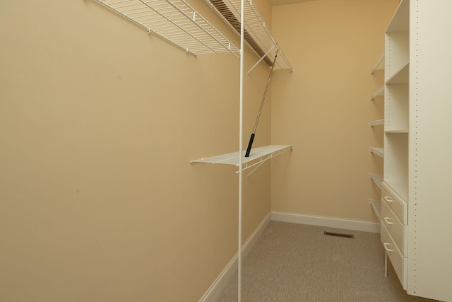 walk in closet featuring light carpet