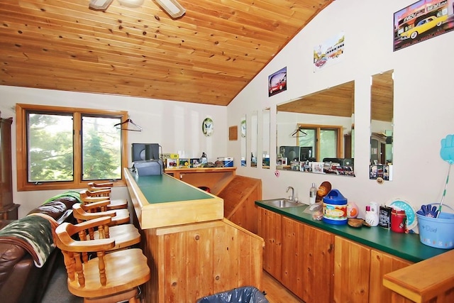 bar with lofted ceiling, sink, and wooden ceiling