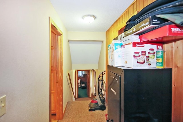 corridor with carpet floors and wooden walls