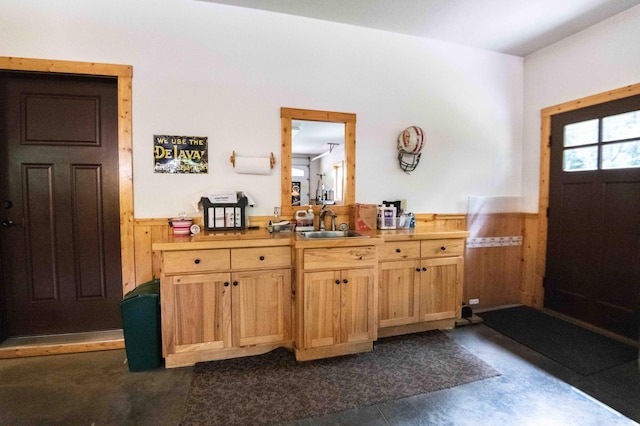 foyer entrance with sink and wooden walls