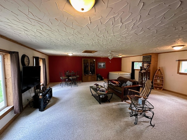 carpeted living room featuring a textured ceiling and ornamental molding